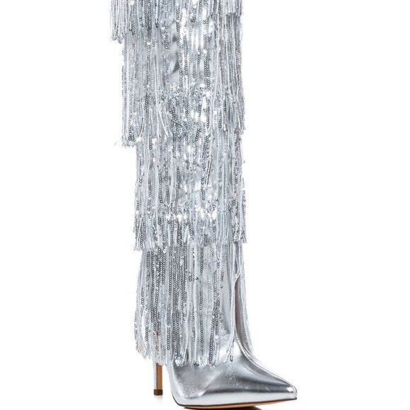 Callie Chrome: Sequin Fringe Silver Stiletto Azalea Wang Boots 9 8 - Picture 4 of 11